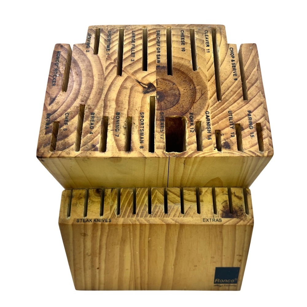 Ronco SIX STAR Cutlery 30 Slot Knife Block Solid Wood Labeled Slots Honey Oak